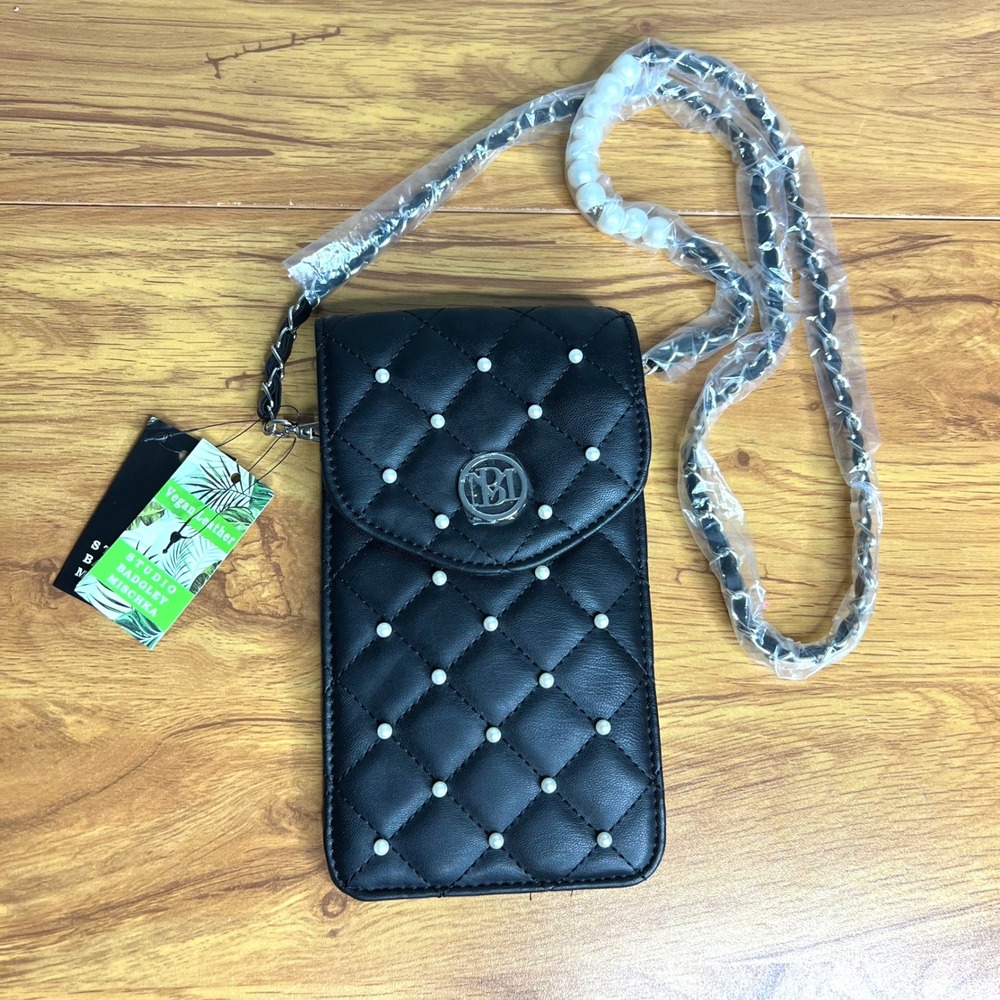 Studio Badgley Mischka Black Pearl Strap Phone‎ Case Vegan Leather Crossbody NWT